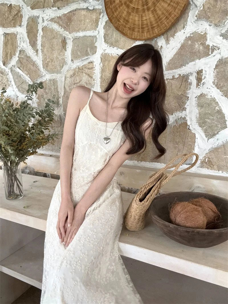 LIZAKOSHT  -  Adjustable Strap Embroidered Dress Women White Sweet Slim Blackless Camis Dress Sexy Off Shoulder Vacation Beach Party Vestidos