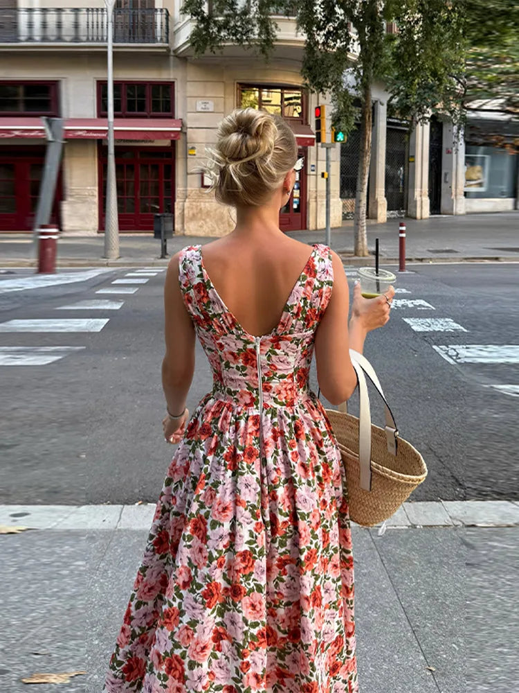 LIZAKOSHT  -  Fashion Print Tube Midi Dress For Women Deep V-neck Sleeveless Draped Lace Up Robes 2025 Summer Elegant Female Parties Dresses