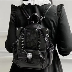LIZAKOSHT  -  Korean Fashion Y2k Punk Backpack Lace Bow Cat Ear Lotus Lace Decoration Lolita Backbag PU Leather Large Capacity Women Backpack