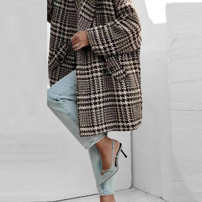 LIZAKOSHT  -  Elegant Turn-down Collar Woolen Jacket Women Coat Fall Double Breasted Commuter Top Cardigan Winter Houndstooth Print Outerwears