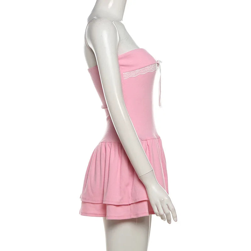 LIZAKOSHT  -  European American Style Summer New Women's Cloth Contrasting Color Splicing One-word Collar Chest-wrapped Ruffle Edge Slim Dress