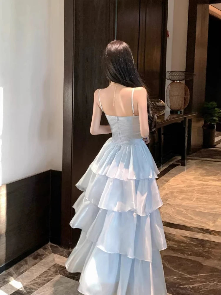 LIZAKOSHT  -  Energetic Sweet High-end Temperament Blue Fairy Dress Minimal Elegant Gentle Slim Fashion Kawaii Patchwork Slip Dresses Women