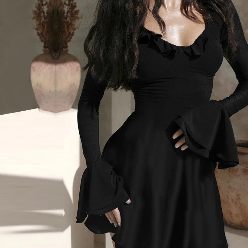 LIZAKOSHT  -  Spring Autumn Deep V Neck Flare Sleeve A-line Mini Dress New Fashion Slimming Chic Birthday Party Lady Night Out Vestidos