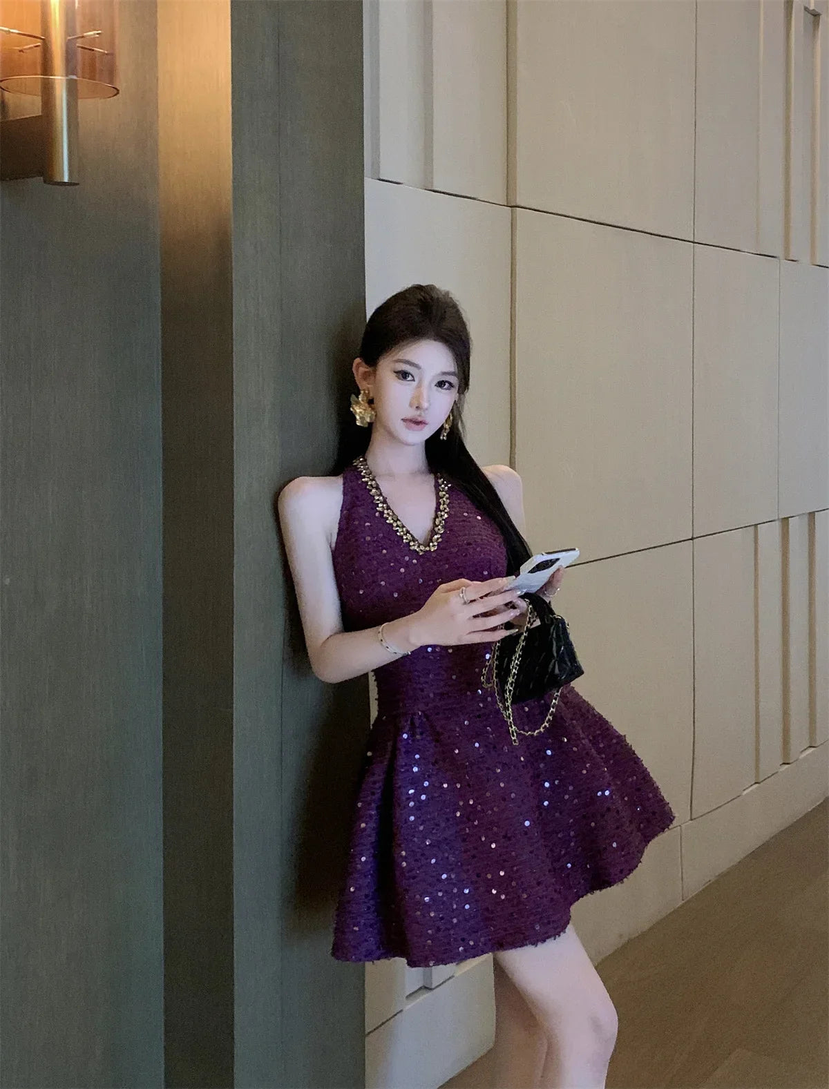 LIZAKOSHT  -  Korean Sweet Tweed Short Dresses For Women 2025 Spring Fashion Luxury Sequins Hotsweet Backless Sexy Party Dress Vestidos Cortos