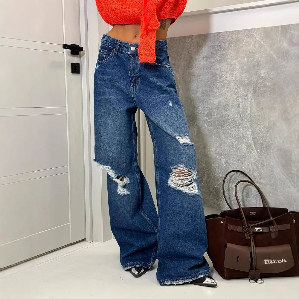 LIZAKOSHT  -  Loose hole low waist jeans women's new loose washed old straight wide-leg pants for mopping the floor