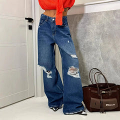 LIZAKOSHT  -  Loose hole low waist jeans women's new loose washed old straight wide-leg pants for mopping the floor