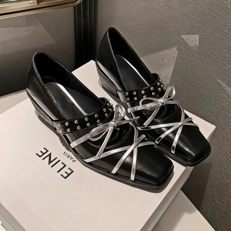 LIZAKOSHT  -  Rivet Platform Mary Jane Shoes Square Toe Pumps Women Winter 2024 New Cross Strap Bow Fashion Chunky Luxury Designer Shoes Women