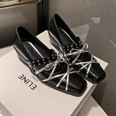 LIZAKOSHT  -  Rivet Platform Mary Jane Shoes Square Toe Pumps Women Winter 2024 New Cross Strap Bow Fashion Chunky Luxury Designer Shoes Women