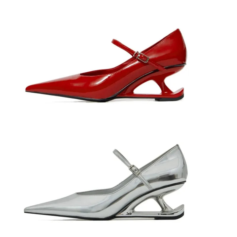 LIZAKOSHT  -  Red Heel Women's Mary Jane Shoes New Pointed Toe Style Buckle Leather Shoes Black Fashion Party Casual Shoes