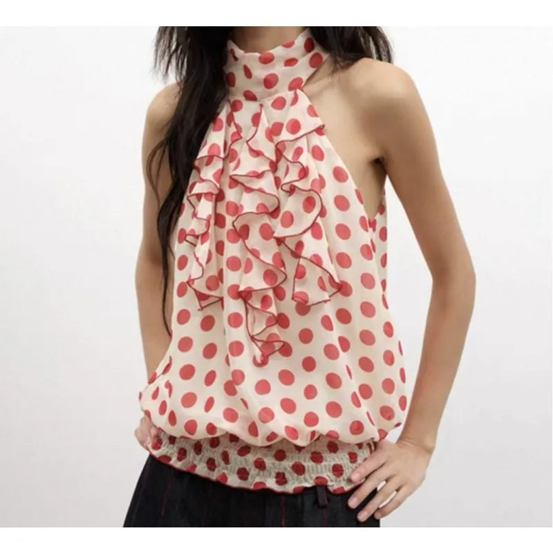 LIZAKOSHT  -  2026 Summer Polka Dot Half Turtleneck Splicing Loose Sleeveless Women's Top T-Shirt
