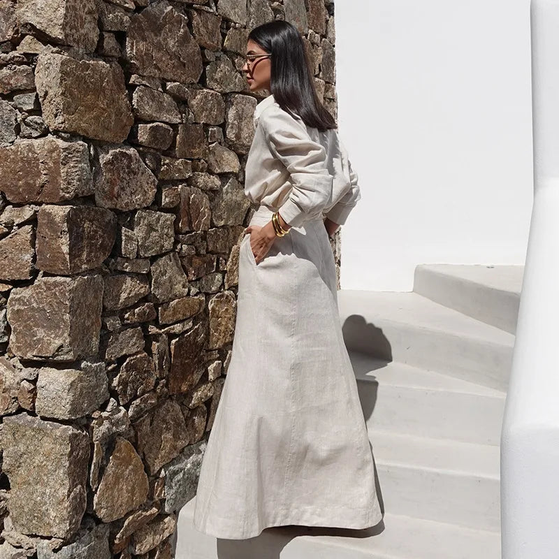 LIZAKOSHT  -  2pcs Linen T Shirt+ Long Dress Suits Office Lady Long Sleeves Elegant Dress Suits Whin Summer High Waist Loose Uniform