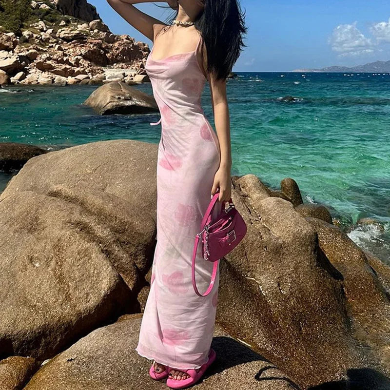 LIZAKOSHT  -  y2k Long Dress Women Summer Floral Print Spaghetti Strap Sleeveless Mesh Bodycon Dress 2000s Party Dresses Clubwear
