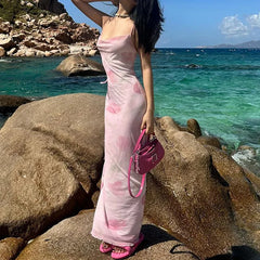 LIZAKOSHT  -  y2k Long Dress Women Summer Floral Print Spaghetti Strap Sleeveless Mesh Bodycon Dress 2000s Party Dresses Clubwear
