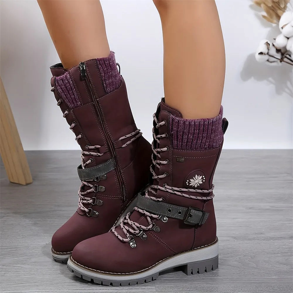 LIZAKOSHT  -  Plus Size 43 Women's Fashion Thermal Mid Calf Boots Knitted Splicing Lace Up Side Zipper Winter Boots Wedges heels Outdoor Boots