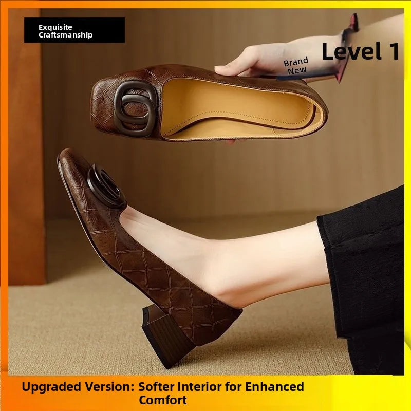 LIZAKOSHT  -  Soft Leather Comfortable Women's Single oes Spring Autumn Sle Square Head No Fatigue Thi Heel Match Skirt oes Casual