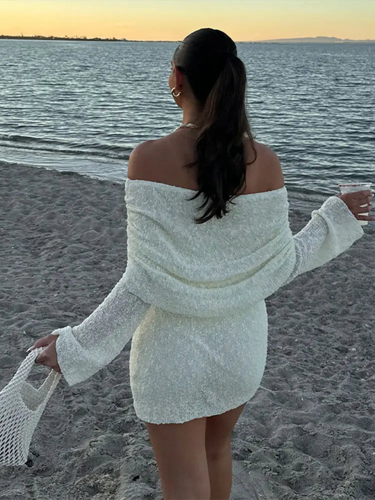 LIZAKOSHT  -  Elegant Solid Off Shoulder Women Mini Dress Fashion Backless Long Sleeve Bodycon Dresses 2024 Summer Lady Beach Vacation Robes