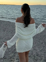 LIZAKOSHT  -  Elegant Solid Off Shoulder Women Mini Dress Fashion Backless Long Sleeve Bodycon Dresses 2024 Summer Lady Beach Vacation Robes