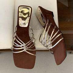 LIZAKOSHT  -  Summer Square Toe Narrow Band Women Slippers Designer Wedges High Heels Party Slides Shoes Zapatos De Mujer
