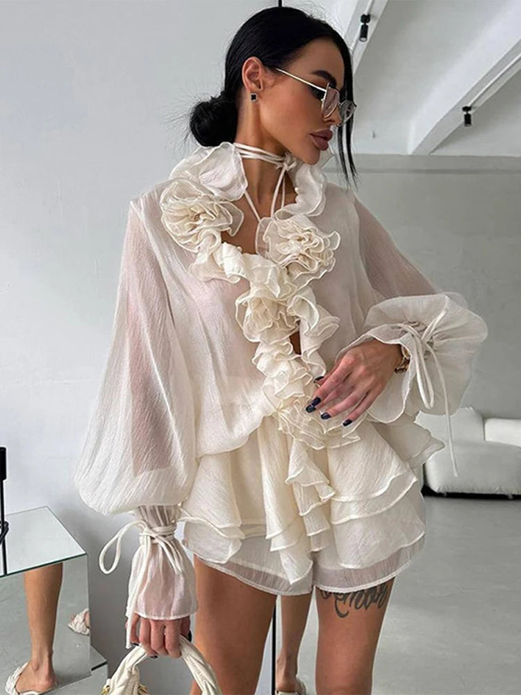 LIZAKOSHT  -  Ruffle Women's Shirt Shorts Sets 3D Flower V-neck Lace Up Long Sleeve Top Elastic Waist Short Pants two pieces set Lady Suits
