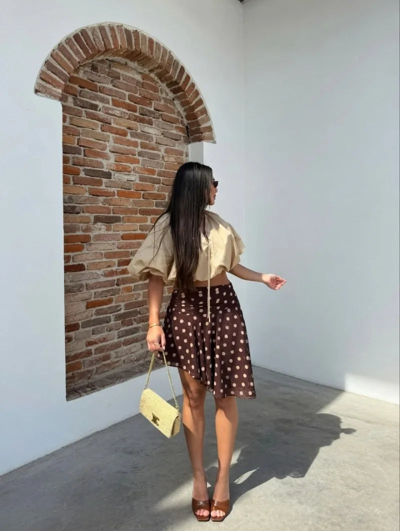 LIZAKOSHT  -  Vintage Dot Print Mini Skirt For Women Summer High Waist Folds Asymmetry Skirts Street Fashion Party Club Casual Skirt New