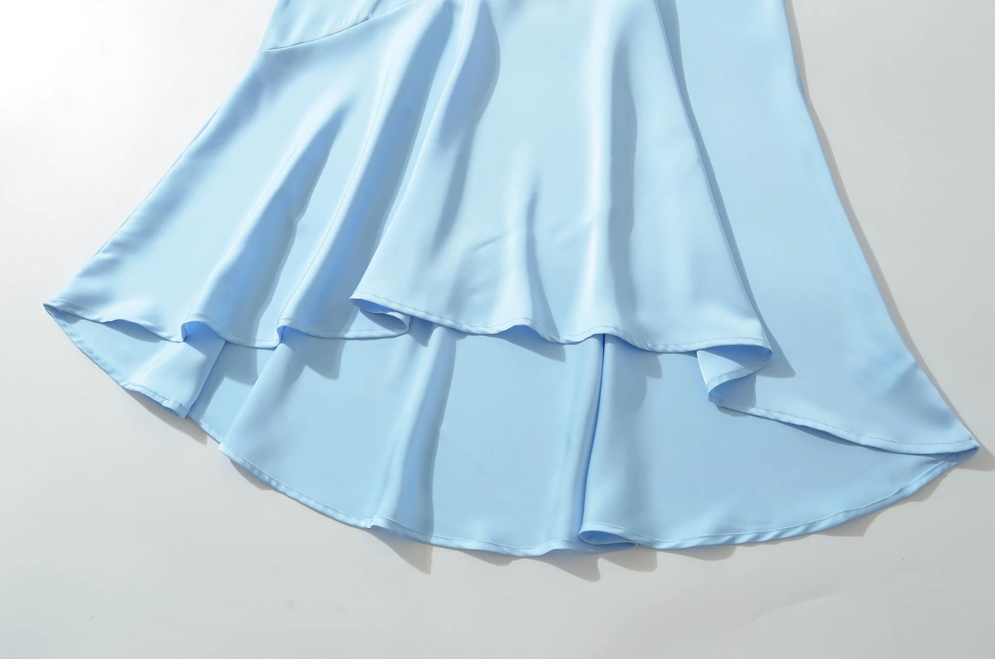 LIZAKOSHT  -  Fashion Light Blue Satin Ruched Bra Spliced Lace Sling Dress Women Hollow Out Slim Waist Midi Long Asymmetry Dresses Femme Robe
