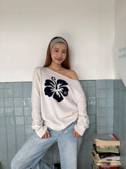 LIZAKOSHT  -  Flower Jacquard Sweater Woman Autumn Raw Hem Sexy Slash Neck Long Sleeve Pullover Female Vintage Sweet Preppy Style Jumpers Top