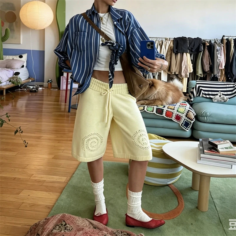 LIZAKOSHT  -  Women Y2k Drawstring Waist Knit Culottes Shorts Hollow Out Eyelet Floral Loose Wide Leg Mid Calf Capri Pants Loungewear Bottoms