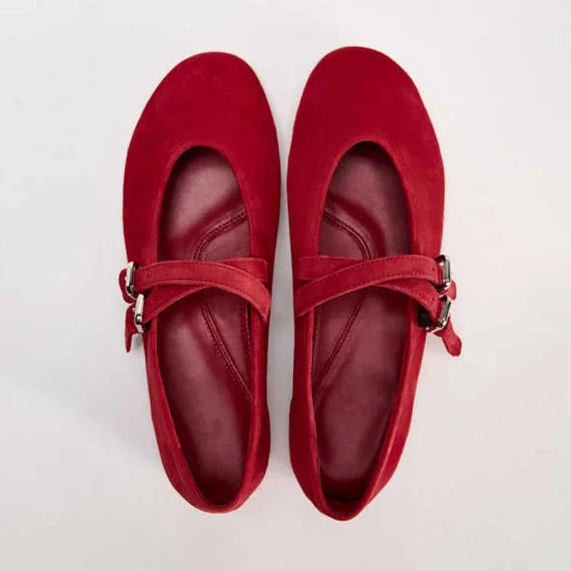LIZAKOSHT  -  Red Velvet Upper Round Head Flat Shoes Women Metal Buckle Shallow Mouth Sandals New Leisure Countryside Fashion for Woman