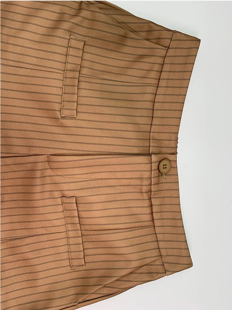 LIZAKOSHT  -  Striped Pants Short Blazer Outerwear 2025 New Brown V-Neck Loose Buttoned Split-Joint Wide Leg Trousers Female Clothin