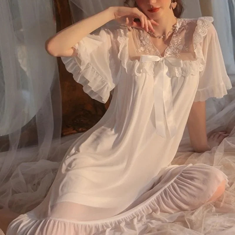 LIZAKOSHT  -  French Elegant Sweet Summer V Neck Short Sleeve Mesh Dress All Match Temperament Women Sleepshirt Y2k Casual Lounge Dress