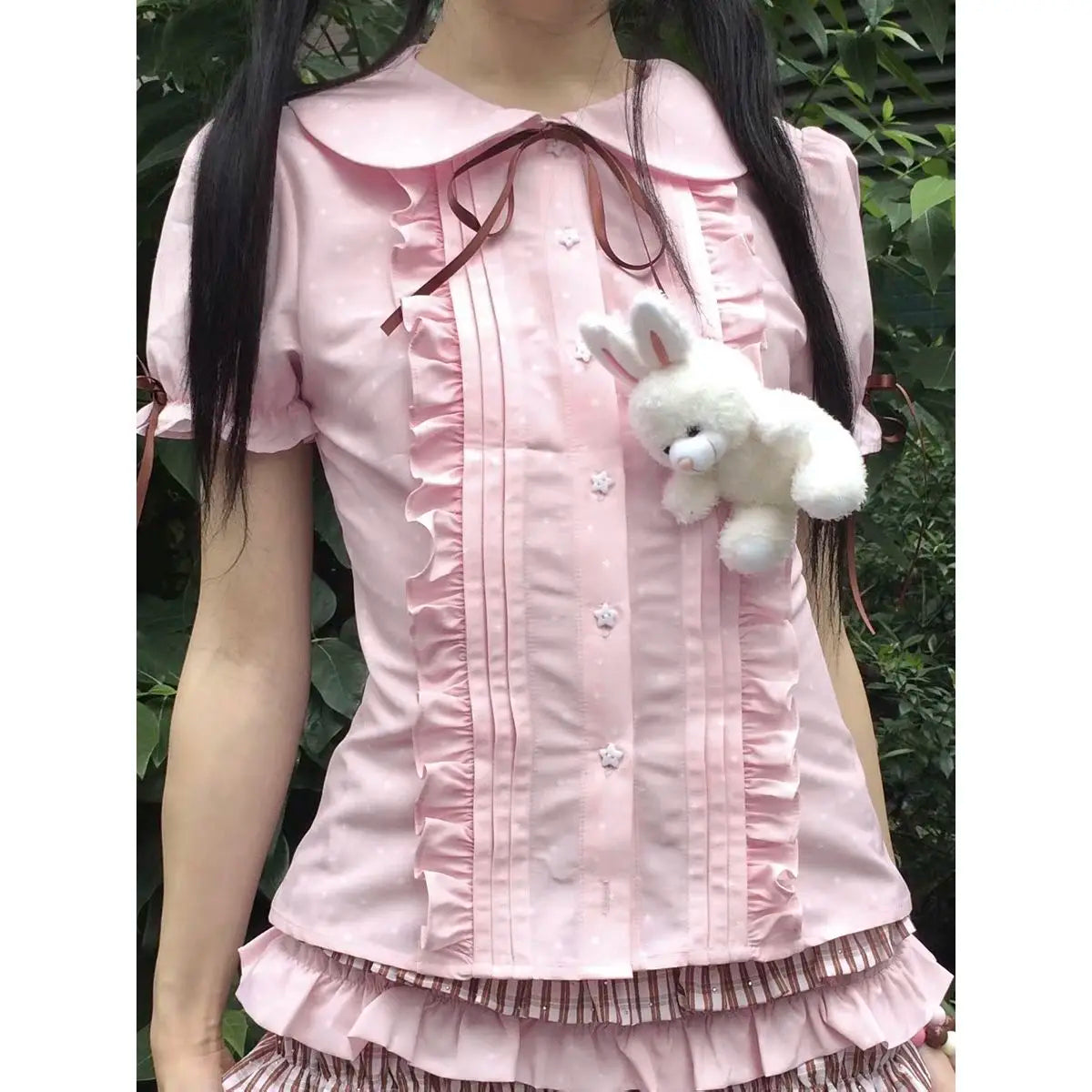 LIZAKOSHT  -  Summer New Kawaii Sweet Print Lolita Short Sleeve Doll Collar Shirt Fashion Japanese Cute Slim Pink Bow T-Shirts Women