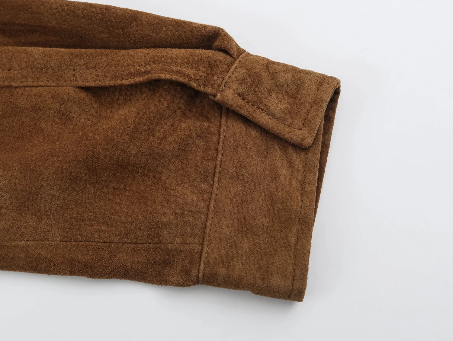LIZAKOSHT  -  Brown Faux Suede Women Short Coat Stand Collar Zip Front Long Sleeve Waist Belt Buckle Loose Fit Vintage Retro Street Outerwear