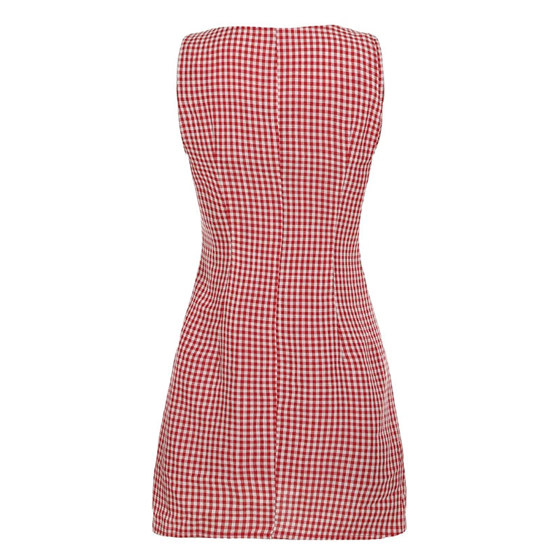 LIZAKOSHT  -  Women Red Plaid Sleeveless Buttons Short Dress Elegant Fashion Lady Streetwear Summer Y2K Sexy Crew Neck Mini Dresses