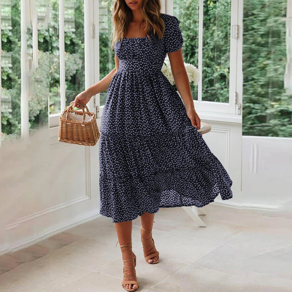 LIZAKOSHT  -  Women Floral Printed Boho Kaftan Midi Dress Ladies O-Neck Short Sleeve Summer Holiday Beach Swing A-Line Sundress