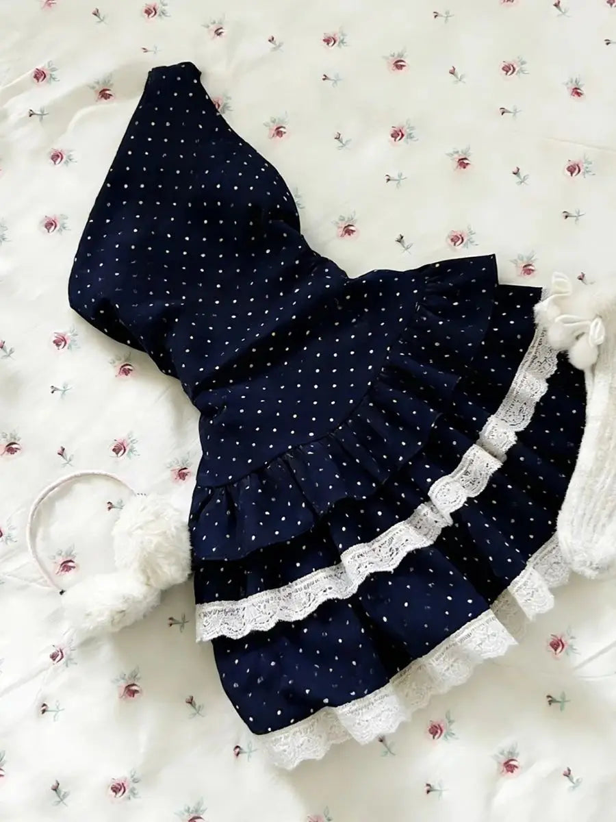 LIZAKOSHT  -  Sexy Polka Dot Dresses Y2k Woman Clothes Punk Lace Slim Short Skirt vintage Off-Shoulder High Street Sweet Basics Elegant Dress