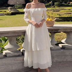 LIZAKOSHT  -  Fashion Patchwork Waist Long Dress Sexy Off Shoulder Half Sleeved Party Dress Elegant Personality Solid Ruffled Evening Dresses