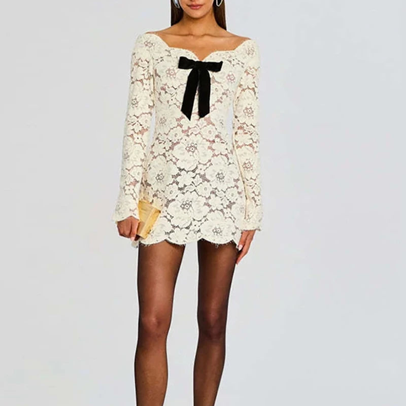 LIZAKOSHT  -  Casual Long Sleeve Slim Women Gowns Sexy Off Shoulder Luxury Wedding Mini Dress Elegant Lace Embroidery Solid A-Line Dress