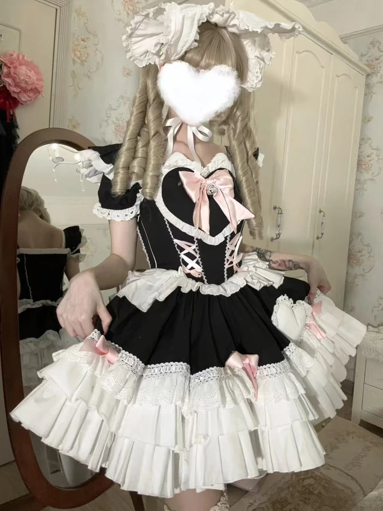 LIZAKOSHT  -  Kawaii Lovely Bow Lolita Dress Women's Design Sweet Slim Patchwork Japanese Dresses Summer Pretty Lace Up Thin Princess Dress