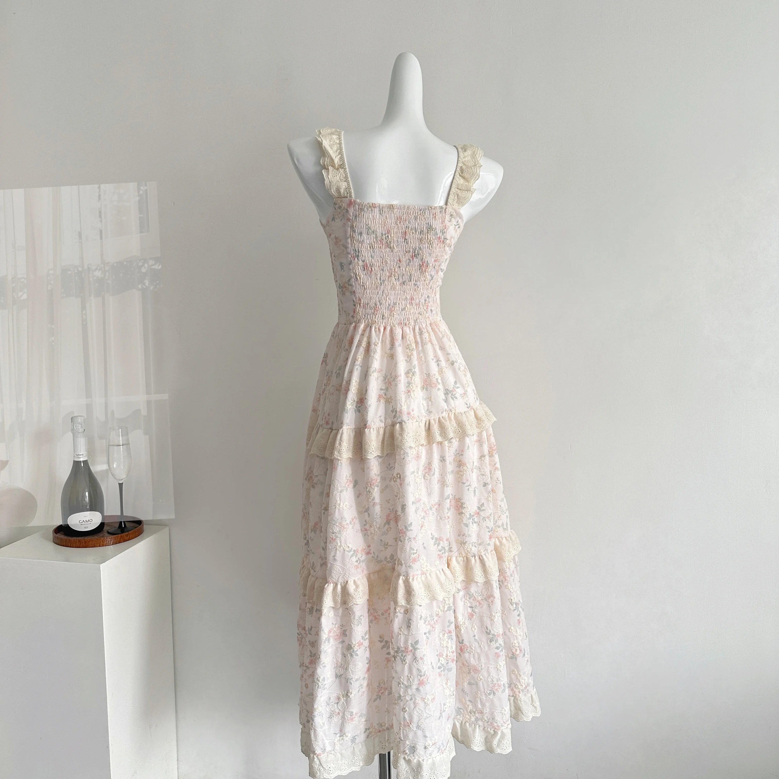 LIZAKOSHT  -  Summer French Elegant Mori Girl Style Long Dress Women Flying Sleeve Lace-Up Print Slim Dress Sweet Cute Casual Clothing