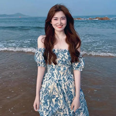 LIZAKOSHT  -  Summer New Vocation Lady Vestidos Vintage Blue Print Bow Lace-up Sling Dress For Women High Waist Pleated A-line Mini Dresses