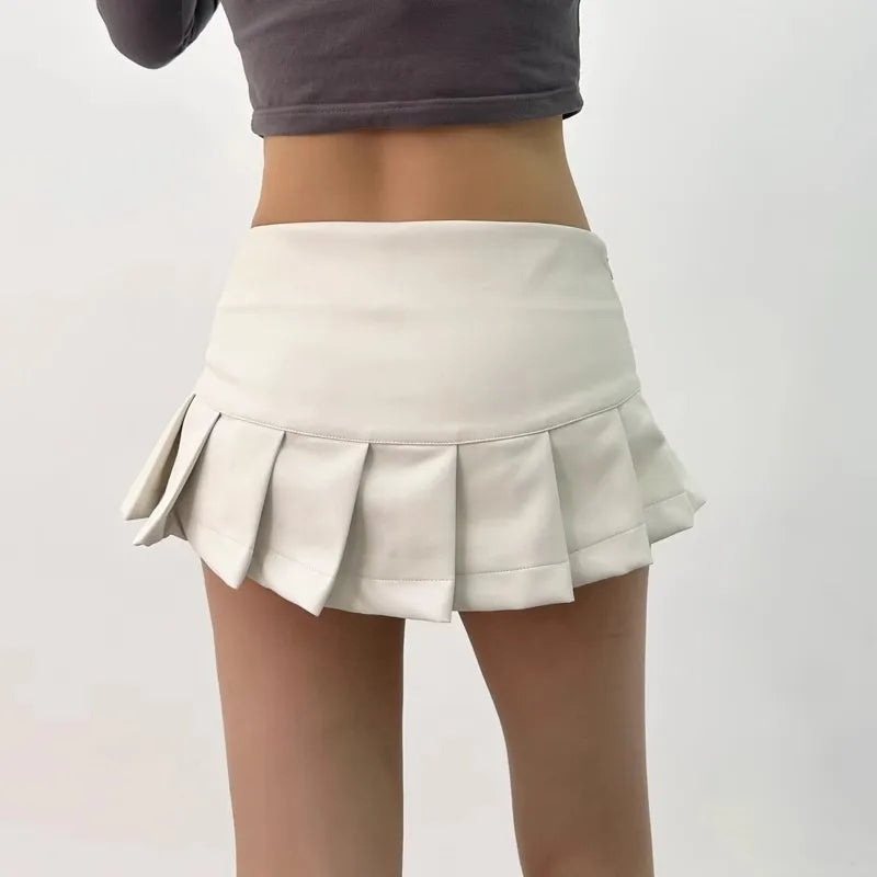 LIZAKOSHT  -  Y2K PU Leather Pleated Mini Skirt With Shorts Lining Women Sexy Zipper Summer Low Waist Short Coffee White Black