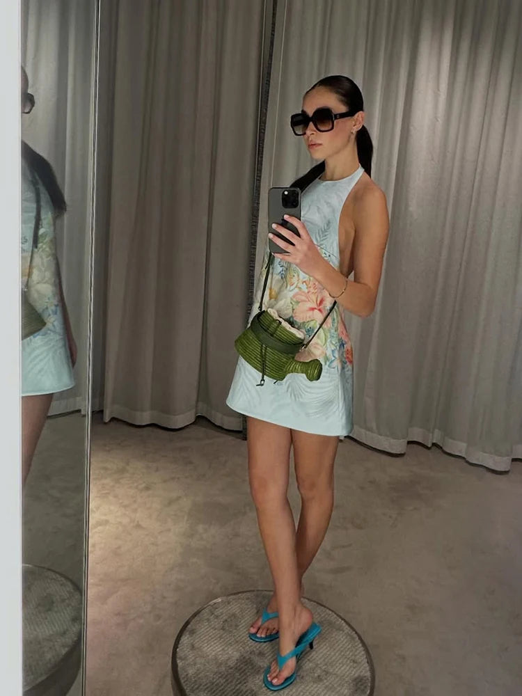 LIZAKOSHT  -  Elegant Vacation Women's Mini Dress Sexy Backless Off Shoulder Halter Floral Print Satin A-line Skirt Summer Beach Party