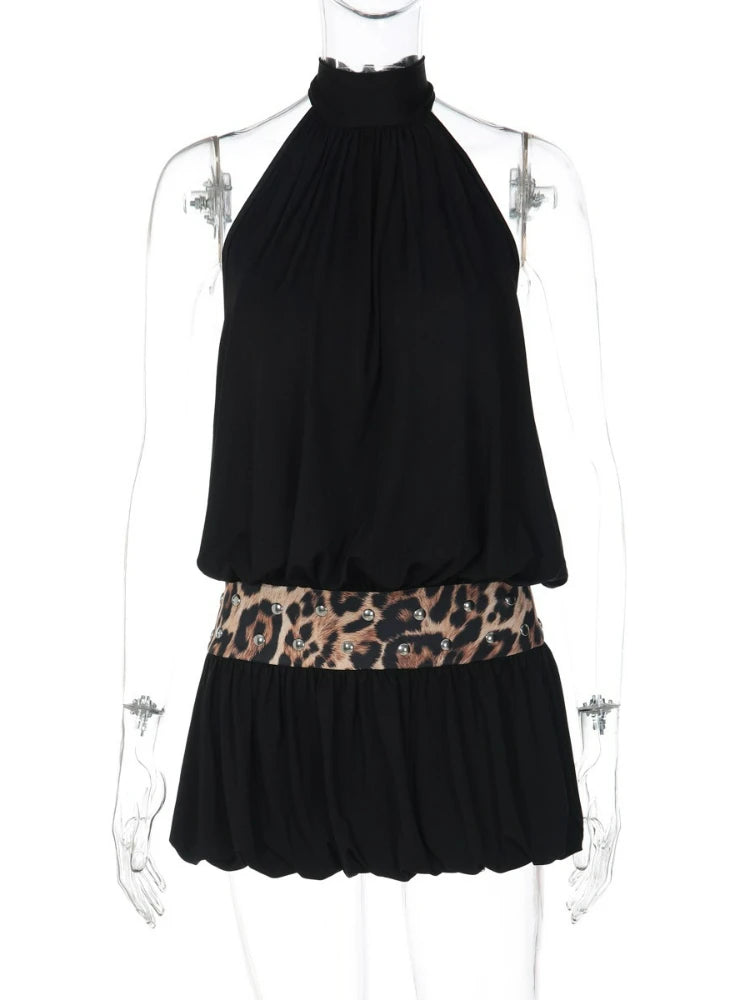 LIZAKOSHT  -  Sexy Halter Neck Leopard Tunics Mini Vacation Dress Streetwear Women Chic Hollow Out Backless Short Evening Party Dresses