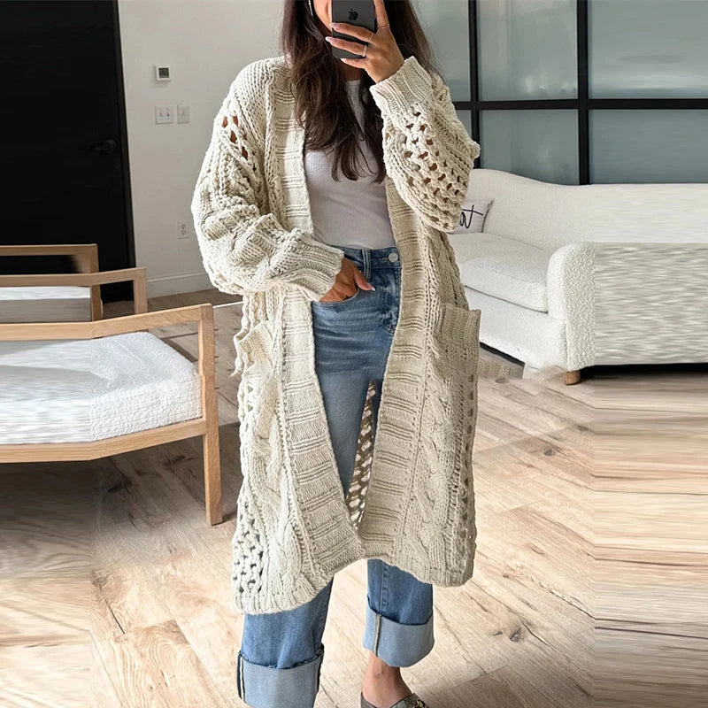 LIZAKOSHT  -  Casual Solid Color Pocket Coat Ladies Elegant V Neck Hollow Knitted Cardigan Autumn Winter Thick Warm Loose Sweater Outwear