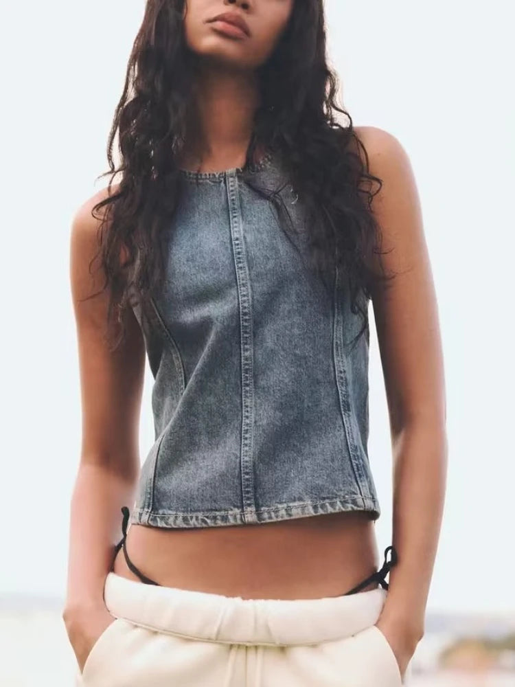 LIZAKOSHT  -  Vintage Women Blue Top 2024 Fashion Spring Casual Commute Loose Halter Top Straight Eastern Style Hanging Neck Jean Top