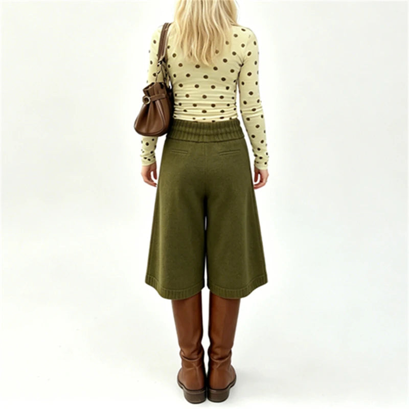 LIZAKOSHT  -  Women Y2k Drawstring Waist Knit Culottes Shorts Hollow Out Eyelet Floral Loose Wide Leg Mid Calf Capri Pants Loungewear Bottoms