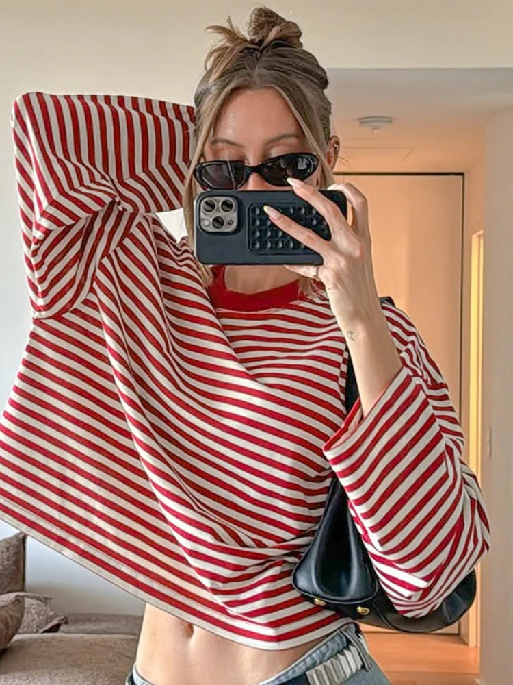 LIZAKOSHT  -  Casual Striped T-shirts for Women 2025 Autumn O-neck Long Sleeve Loose Tops Tees Female Contrast Color T Shirt Streetwear