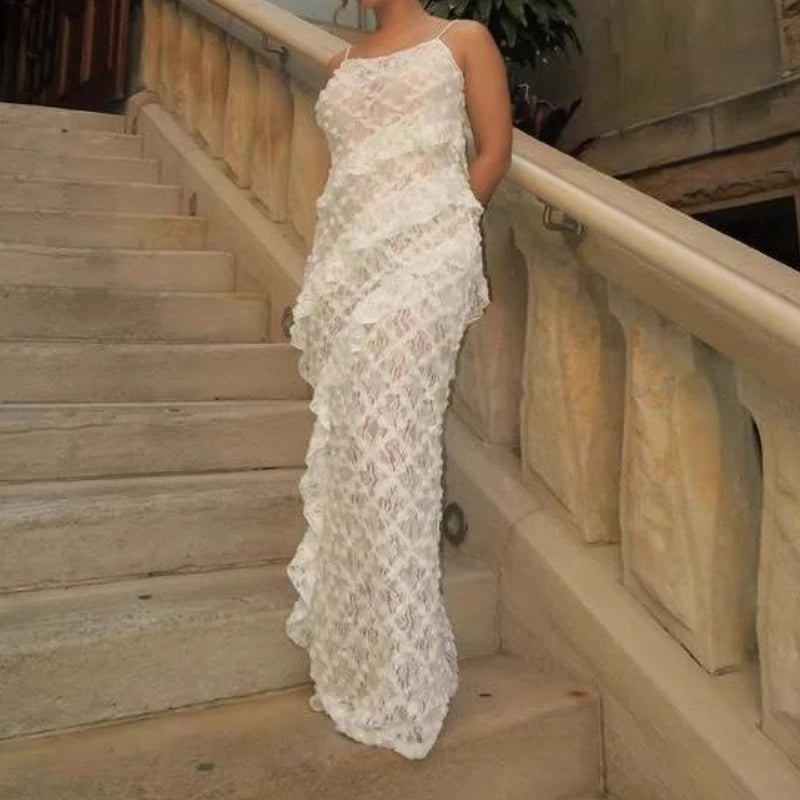 LIZAKOSHT  -  Design Sense Women's Popular Suspender Ruffle Dress, Backless Lace Sexy Hip Long Skirt