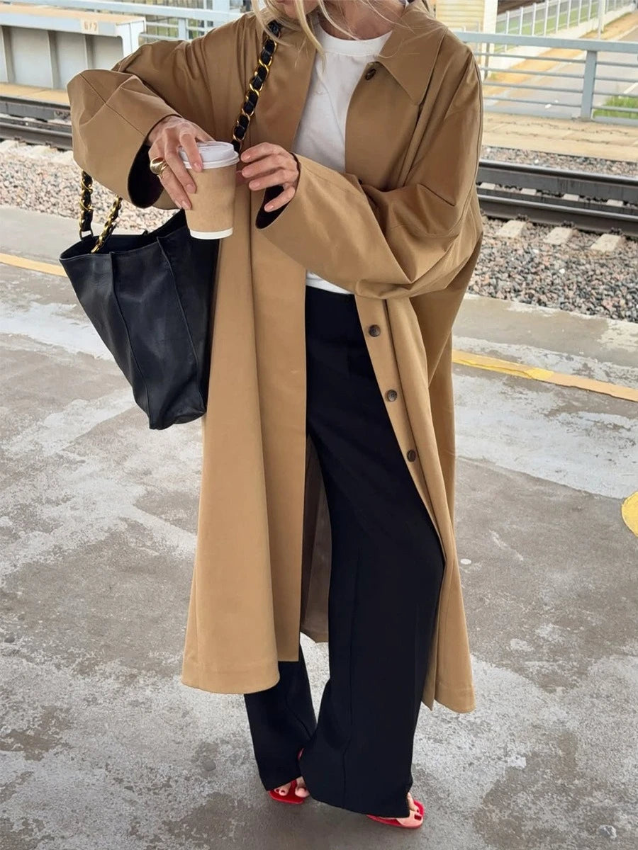 LIZAKOSHT  -  Elegant Cotton Trench Coats for Women 2025 Autumn Turn-down Collar Single Breasted Long Outerwears Ladies Windbreaker