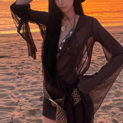 LIZAKOSHT -  Hollow Out Bikini Sexy Long Sleeved Mesh Outer Cover Swimsuit Women Summer Comfortable Beach Vacation Fashionable Retro Trend